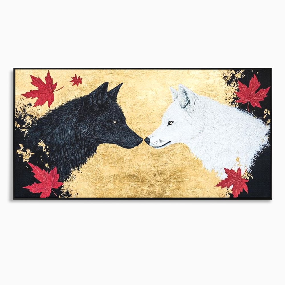Tablou canvas cu tablou canvas cu doi lupi si frunze de artar, in rama de aluminiu negru